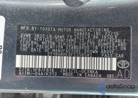 2015 Toyota Corolla L/Le/Le Plus/Le Premium/S/S Plus/S Premium из США, поврежденный, VIN 2T1BURHE6FC356582